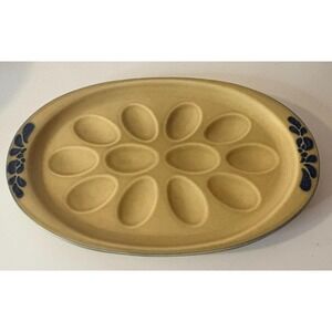 Vintage Pfaltzgraff Folk Art Deviled Egg Plate 12 Slot Brown Blue Stoneware #780